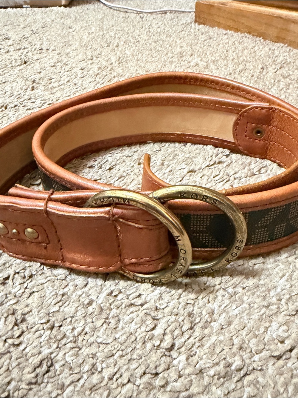 Michael Kors Tan and Brown Leather Logo-Trim Belt with Double Ring Buckle